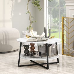 HOMCOM Round Coffee Table with Storage Shelf and Marble Effect Top, White
