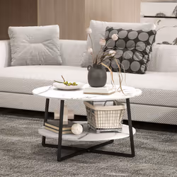HOMCOM Round Coffee Table with Storage Shelf and Marble Effect Top, White - Additional view 6