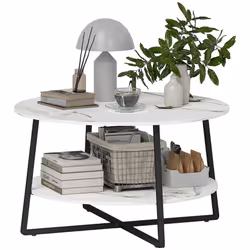 HOMCOM Round Coffee Table with Storage Shelf and Marble Effect Top, White - Additional view 7