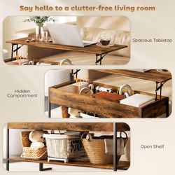 HOMCOM Industrial Lift Top Coffee Table with Storage Shelf Rustic Brown - Additional view 5