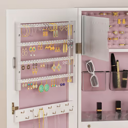 HOMCOM Door Hanging or Wall Mounted Jewellery Cabinet w/ Mirror Pink Lining - Additional view 4