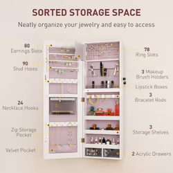HOMCOM Door Hanging or Wall Mounted Jewellery Cabinet w/ Mirror Pink Lining - Additional view 8