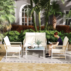 Outsunny 4 Seater Rattan Garden Sofa Set with Glass Top Coffee Table - Brown