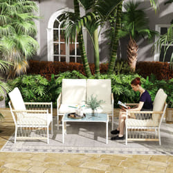 Outsunny 4 Seater Rattan Garden Sofa Set with Glass Top Coffee Table - Brown
