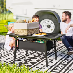 Outsunny Folding Camping Table w/ Adjustable Height, Storage Basket, Black