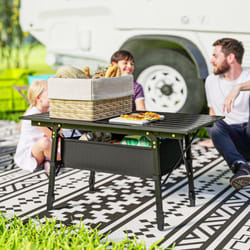 Outsunny Folding Camping Table w/ Adjustable Height, Storage Basket, Black
