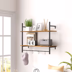 HOMCOM Wall Shelf Unit with 4 Hooks for Living Room, Entryway, Rustic Brown