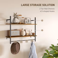 HOMCOM Wall Shelf Unit with 4 Hooks for Living Room, Entryway, Rustic Brown