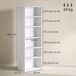 HOMCOM 6 Tier Bookshelf, Freestanding Bookcase with Adjustable Shelves, White