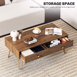 HOMCOM Coffee Table with Drawers, Living Room Table with Steel Base