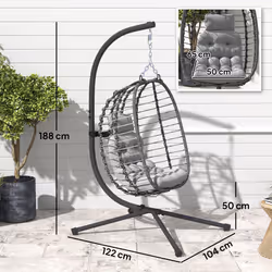 Outsunny Rattan Hanging Egg Chair w/ Stand, Cushion, Headrest, Light Grey