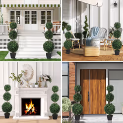 HOMCOM Set of 2 Decorative Artificial Plants Boxwood Trees in Pot, Green