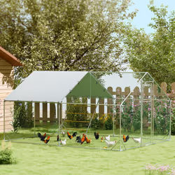 PawHut Walk-in Chicken Run w/ Cove , Hanging Feeder, Perch for 12-18 Poultry