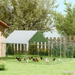 PawHut Walk-in Chicken Run w/ Cove , Hanging Feeder, Perch for 12-18 Poultry