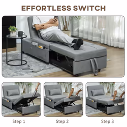 HOMCOM 4-in-1 Pull Out Sleeper Chair Bed with Pockets, Light Grey