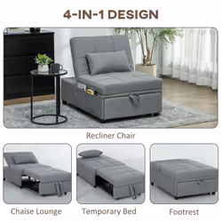 HOMCOM 4-in-1 Pull Out Sleeper Chair Bed with Pockets, Light Grey
