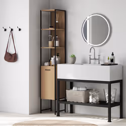 HOMCOM Tall Bathroom Cabinet with 3 Open Shelves Adjustable Shelf, Natural