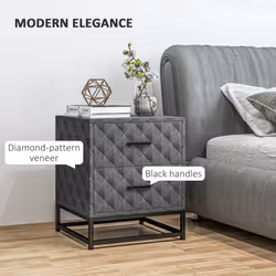 HOMCOM Bedside Table Set of 2, Nightstand with 2 Drawers, Steel Legs, Grey