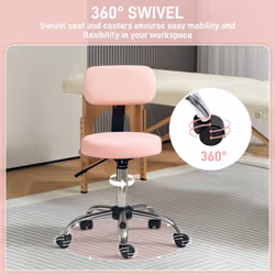 HOMCOM Rolling Stool with Backrest, Wheels, Faux Leather Salon Chair, Pink