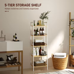HOMCOM 5-Tier Bamboo Bathroom Storage Shelf with Adjustable Rack, White