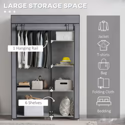 HOMCOM Fabric Wardrobe w/ Shelves Hanging Rail Foldable Closets - Grey