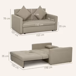 HOMCOM 2 Seater Sofa Bed Convertible Bed Settee w/ 2 Cushions Light Brown