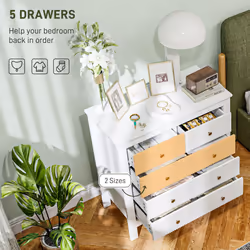 HOMCOM Fluted Bedroom Chest of Drawers w/ 5 Drawers Gold Tone Handles White