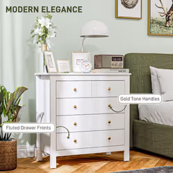 HOMCOM Fluted Bedroom Chest of Drawers w/ 5 Drawers Gold Tone Handles White