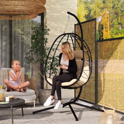 Outsunny Garden Egg Chair Outdoor Hanging Swing Chair, Folding Basket, Khaki