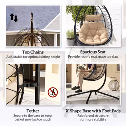 Outsunny Garden Egg Chair Outdoor Hanging Swing Chair, Folding Basket, Khaki - Additional view 4