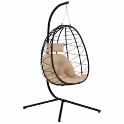Outsunny Garden Egg Chair Outdoor Hanging Swing Chair, Folding Basket, Khaki - Additional view 5