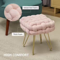 HOMCOM Woven Velvet Foot Stool with Steel Legs for Living Room, Pink