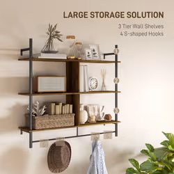 HOMCOM Wall Shelf Unit with 4 Hooks for Living Room Rustic Brown