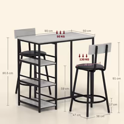 HOMCOM 3 Piece Breakfast Bar Table Set with Storage Shelves, Light Grey