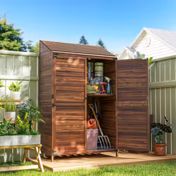 Outsunny Wooden Garden Storage Shed w/Double Doors and Shelves, Mixed-Brown