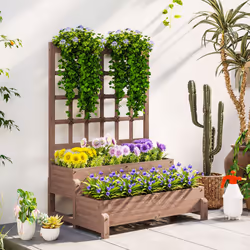 Outsunny 2-Tier Wooden Raised Bed with Trellis and Drainage Holes, Brown