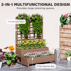 Outsunny 2-Tier Wooden Raised Bed with Trellis and Drainage Holes, Brown
