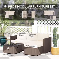 Outsunny 4 Seater Rattan Sofa Set with Footstool Thick Cushions Brown Cream