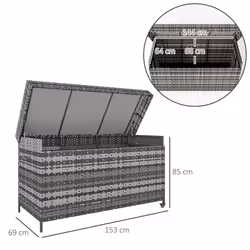 Outsunny 627 L Rattan Garden Storage Box with Gas Lift Lid and Wheels, Grey