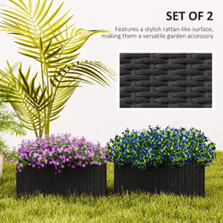 Outsunny Set of 2 Hanging Flower Boxes, 50 cm Long, Rattan Look, Black
