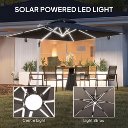 Outsunny Garden Cantilever Parasol, Patio Umbrella w/ Solar LED Lights, Grey