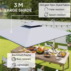 Outsunny Garden Cantilever Parasol, Patio Umbrella w/ Solar LED Lights, Grey