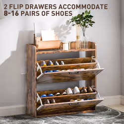 HOMCOM Narrow Shoe Cabinet Farmhouse Slim Shoe Storage Cabinet Rustic Brown