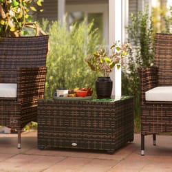 Outsunny Outdoor Coffee Table with Glass Top, Rattan Side Table, Brown