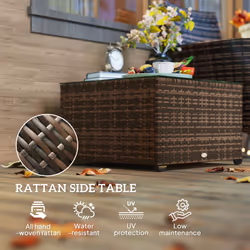 Outsunny Outdoor Coffee Table with Glass Top, Rattan Side Table, Brown