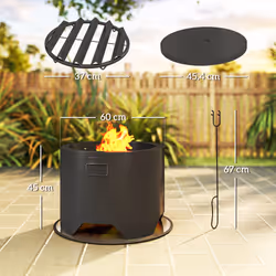Outsunny Outdoor Round Fire Pit with Lid, Firepit with Fire Poker