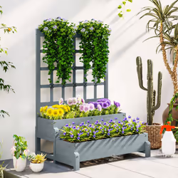 Outsunny 2-Tier Wooden Raised Bed with Trellis and Drainage Holes, Grey