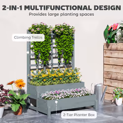 Outsunny 2-Tier Wooden Raised Bed with Trellis and Drainage Holes, Grey
