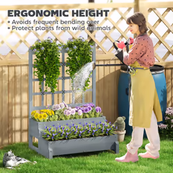 Outsunny 2-Tier Wooden Raised Bed with Trellis and Drainage Holes, Grey - Additional view 4