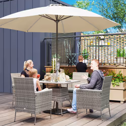 Outsunny Rattan Dining Set with Parasol Hole, Garden Table and Chairs, Grey